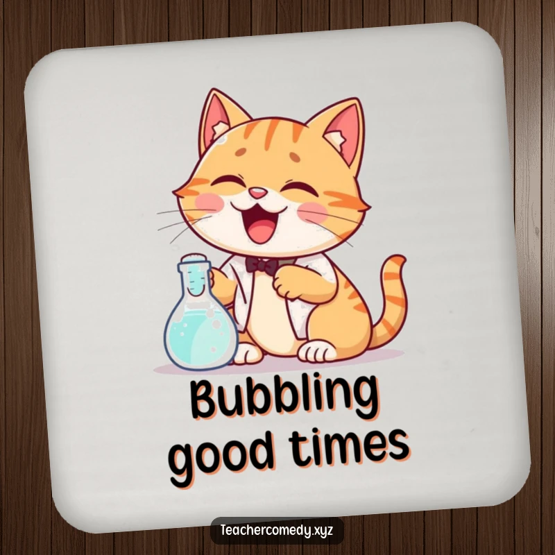 Funny drink coasters featuring a giggling cat demonstrating a science experiment with a bubbling beaker, protecting furniture with humorous art.