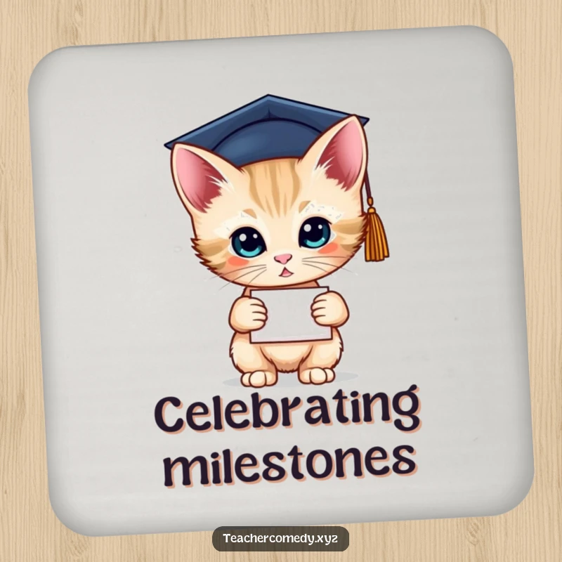 Funny drink coasters featuring a graduate kitten with a diploma, adding smart charm and surface protection.