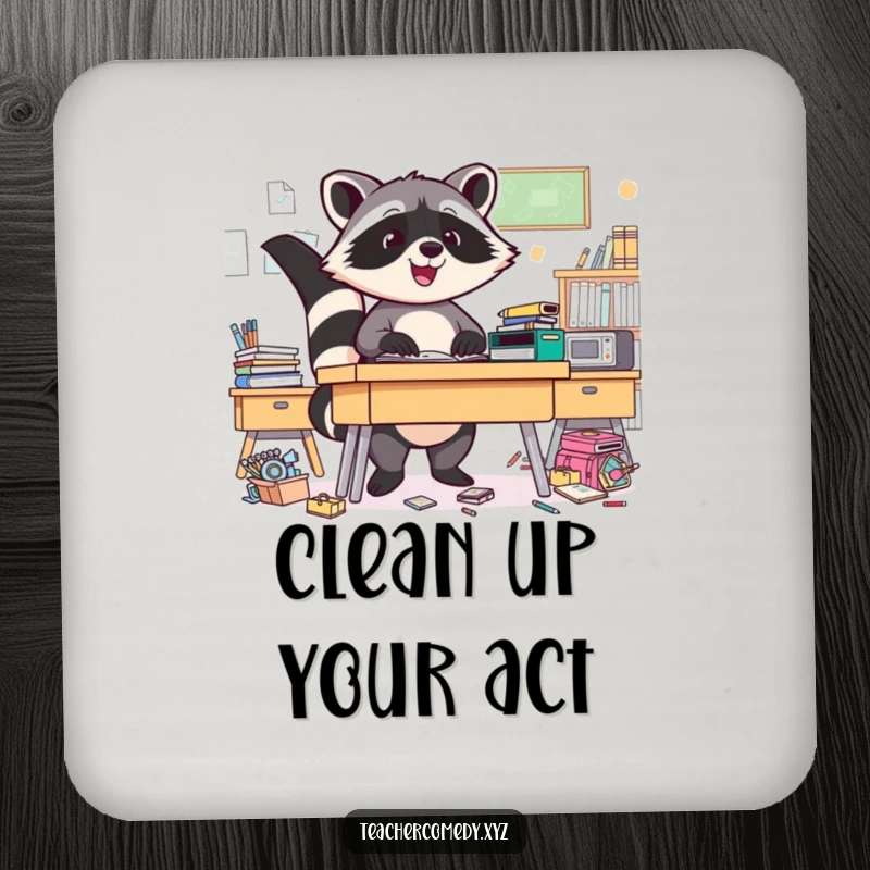 Funny Raccoon Coaster: A triumphant raccoon tidies a messy desk, a humorous protector.