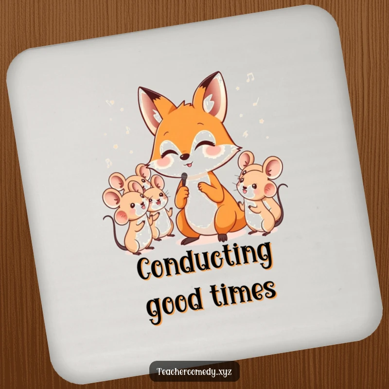 Funny drink coaster with a clever fox leading a choir of small singing mice, adding a humorous touch to tabletops.