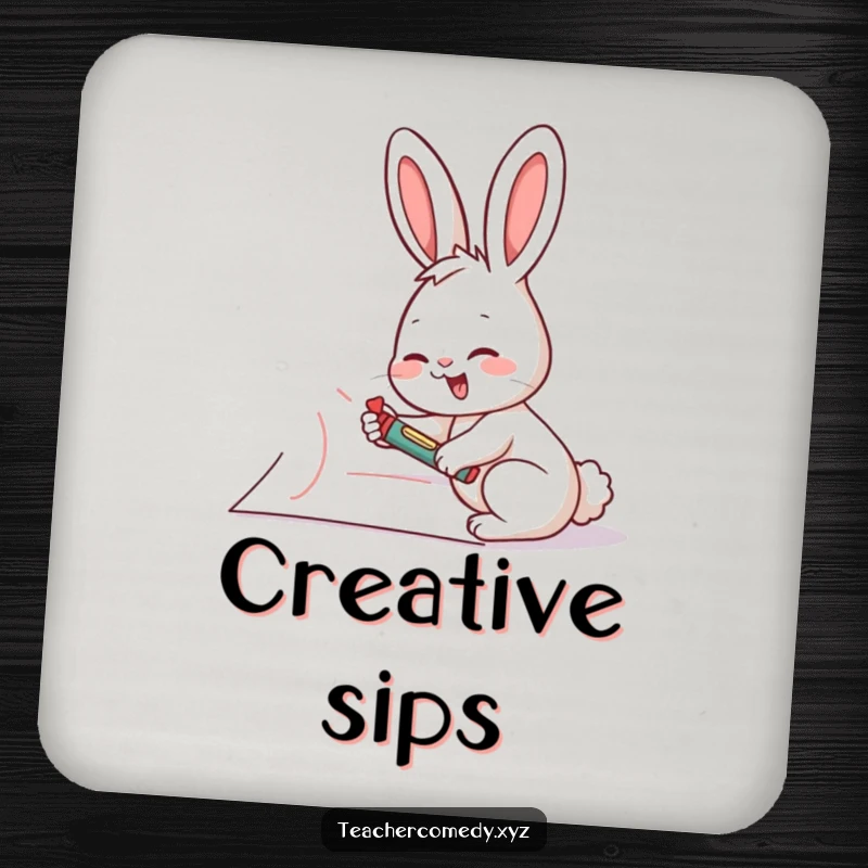 Funny rabbit artist drink coasters, illustration of a giggling rabbit drawing on a giant piece of paper with a crayon, for surface protection.