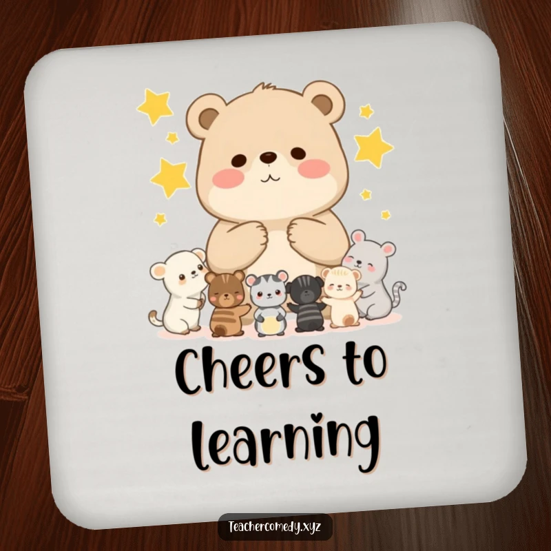 Funny drink coaster featuring a chubby bear cub teaching animals to count stars, adding cute and educational humor.