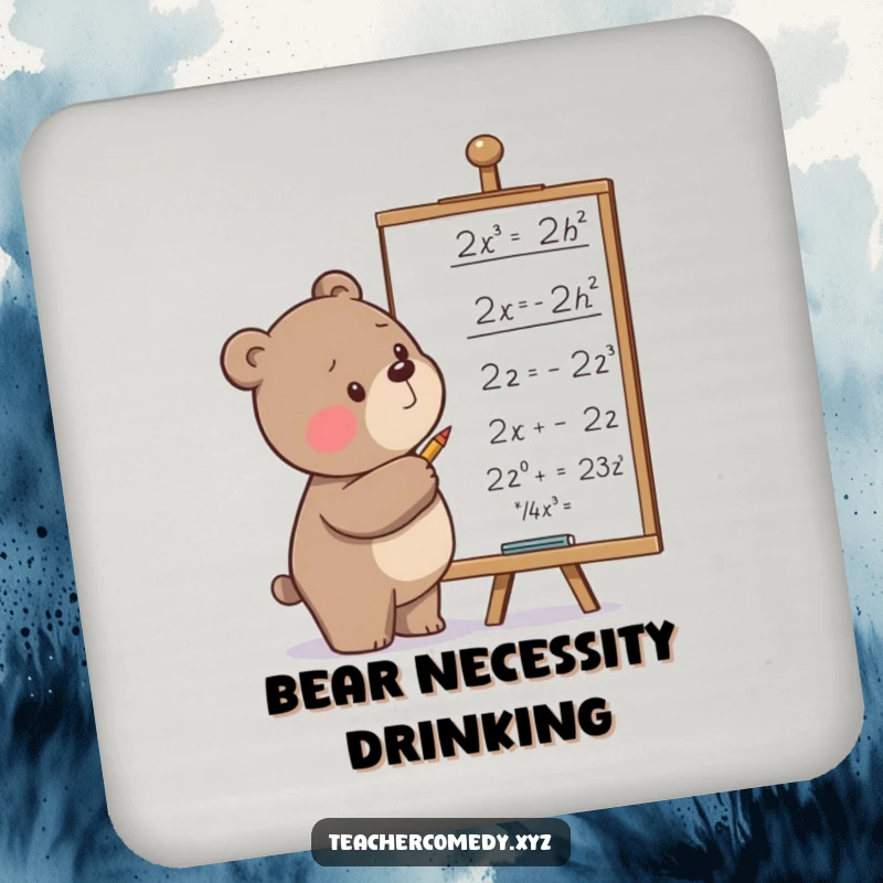 Funny drink coasters featuring a determined bear scribbling equations on a whiteboard, protecting furniture with humorous and educational art.