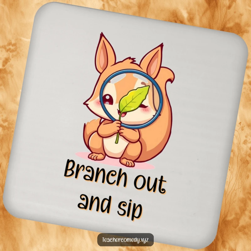 Funny coasters featuring a curious squirrel examining a magnified leaf with glee, adding a touch of natural curiosity and charm.