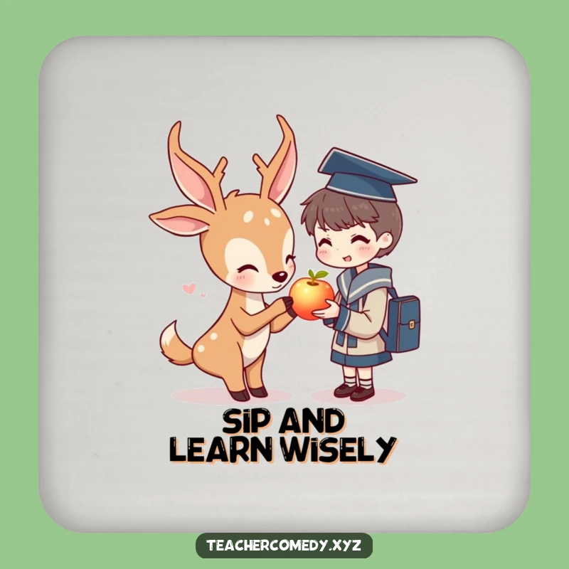 Funny Deer & Student Coaster: Protect Surfaces with Glowing Apple.
