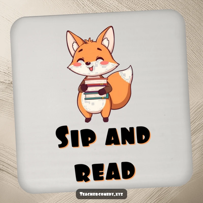 Funny drink coaster featuring a happy fox holding a stack of books and pointing, ideal for protecting tables with literary charm.