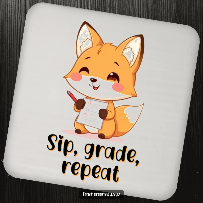 Funny drink coaster featuring an illustration of a happy fox teacher diligently grading papers with a tiny red pen.