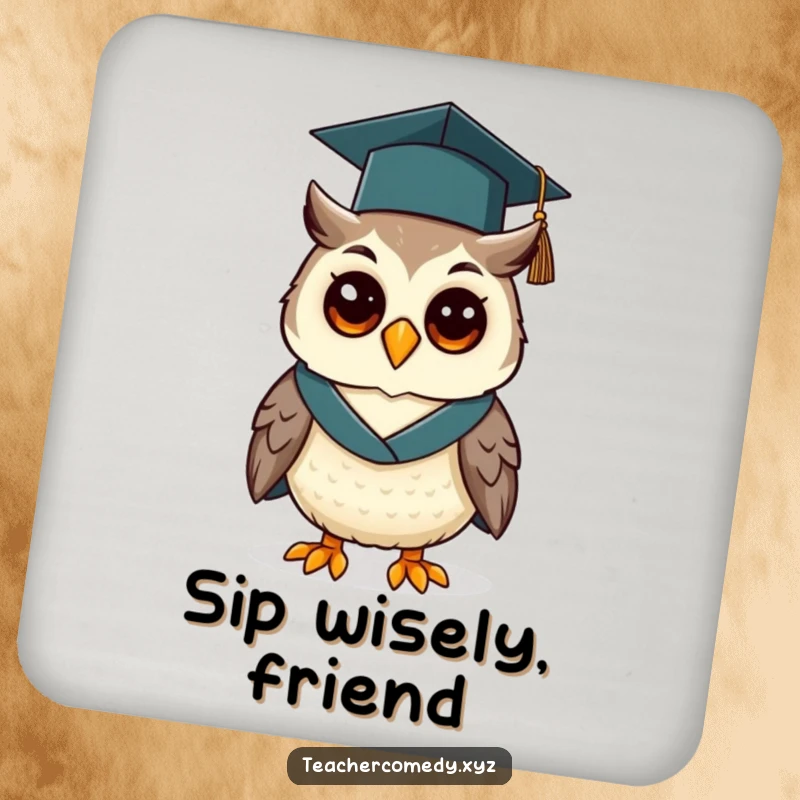 Funny drink coaster featuring a cheerful owl wearing a graduation cap and gown, ideal for protecting tables with wisdom.