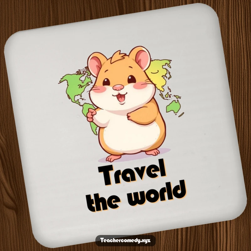 Funny Hamster Coaster Set: A playful hamster points to a world map, cute and functional coasters for protecting surfaces with a sense of adventure.