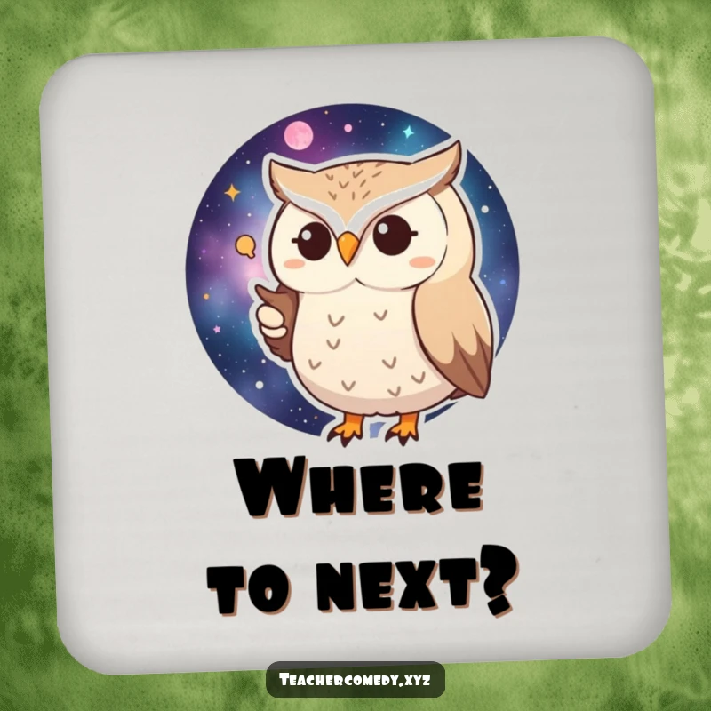 Funny Huffy Owl Coaster: A grumpy owl points at a galaxy map, a humorous table protector.