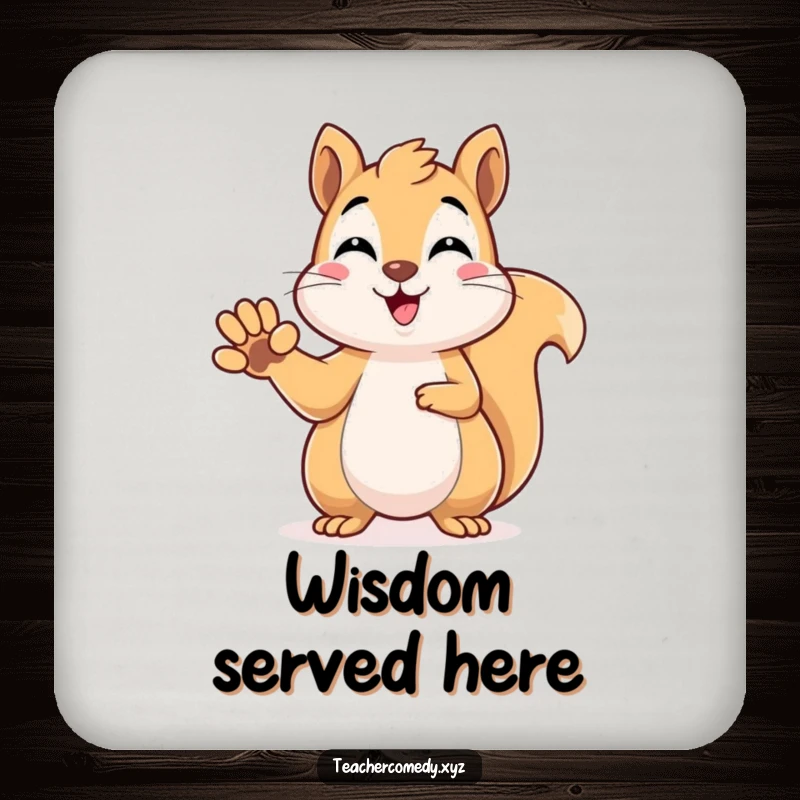Funny kawaii squirrel raising its paw to answer, adding smart humor and charm to protect surfaces, a cute coaster.