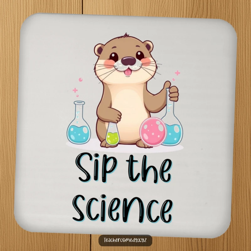 Funny otter character with bubbling beakers during a science experiment, stylish funny coasters.