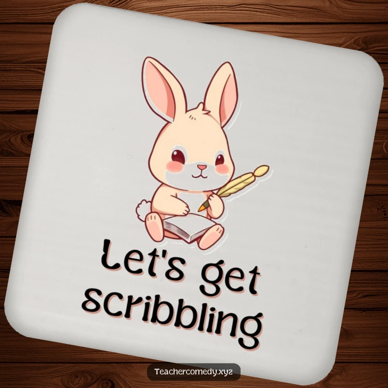 Funny Rabbit Coaster Set: A curious rabbit takes notes with a quill pen, cute and functional coasters for protecting surfaces with scholarly flair.