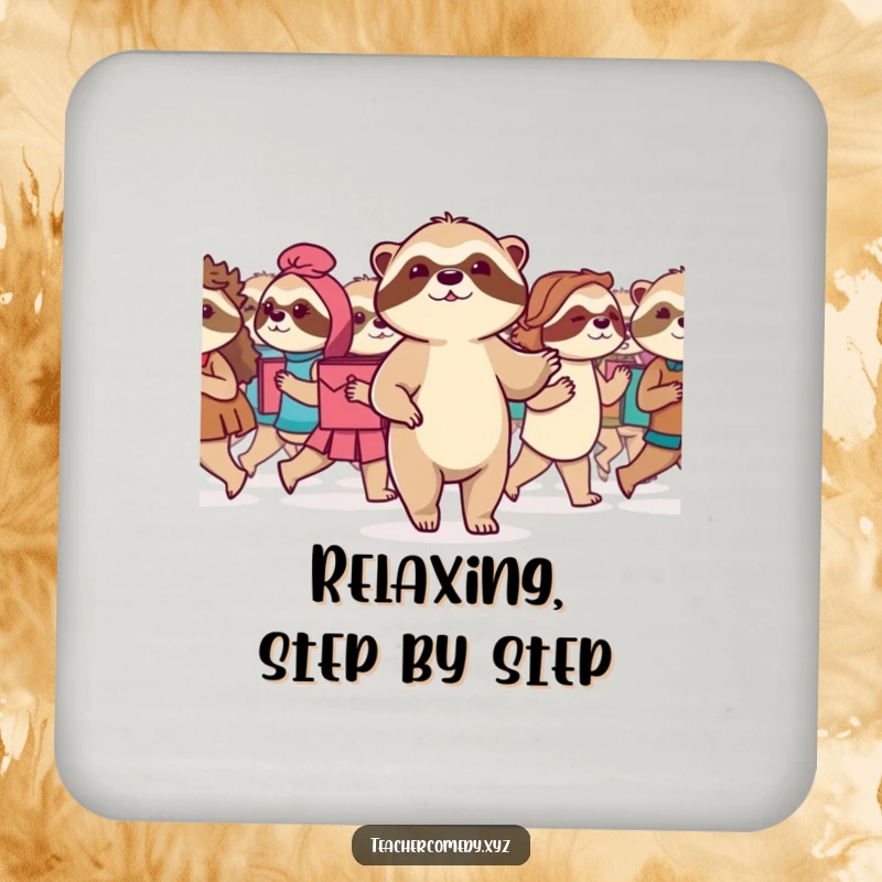 Funny Sloth Coaster Set: A serene sloth leads a class in a slow march, cute and functional coasters for protecting surfaces with inspiration.