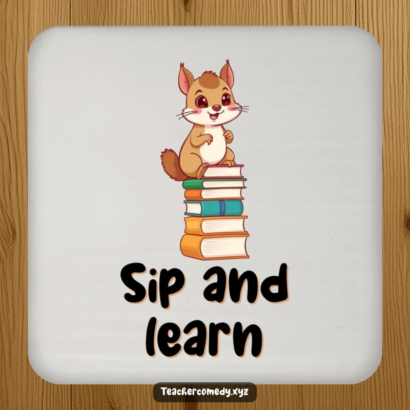 Funny drink coaster featuring a proud squirrel climbing a ladder of books, offering protection with a humorous literary theme.