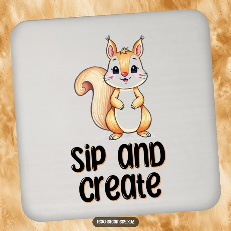 Funny coasters with a playful squirrel drawing with a crayon on a large paper, adding humorous artistic charm to surfaces.