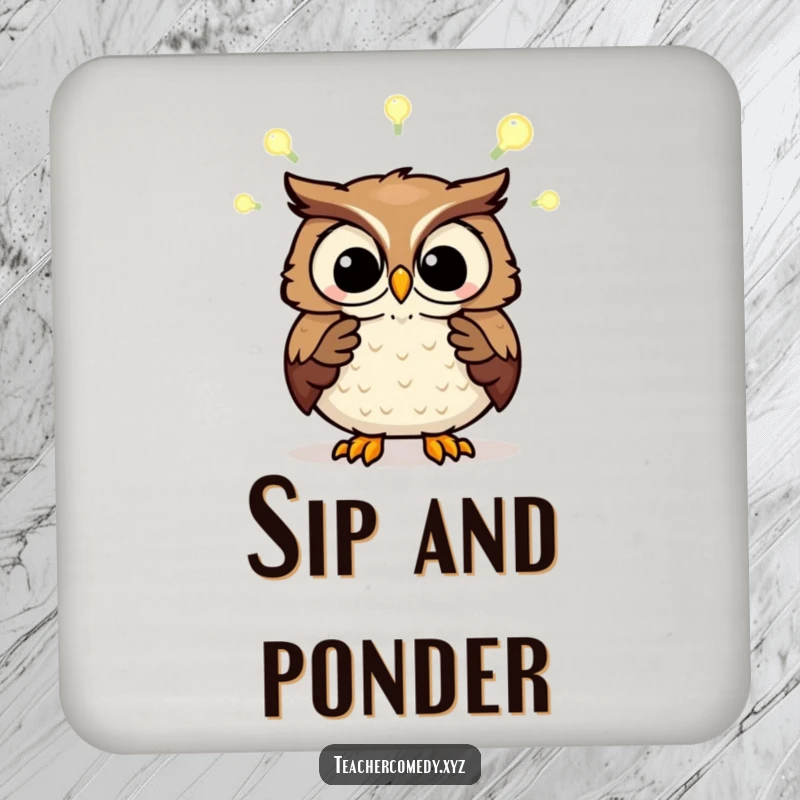 Funny drink coasters featuring a wise owl explaining concepts with light bulbs. Adds smart charm and protection.