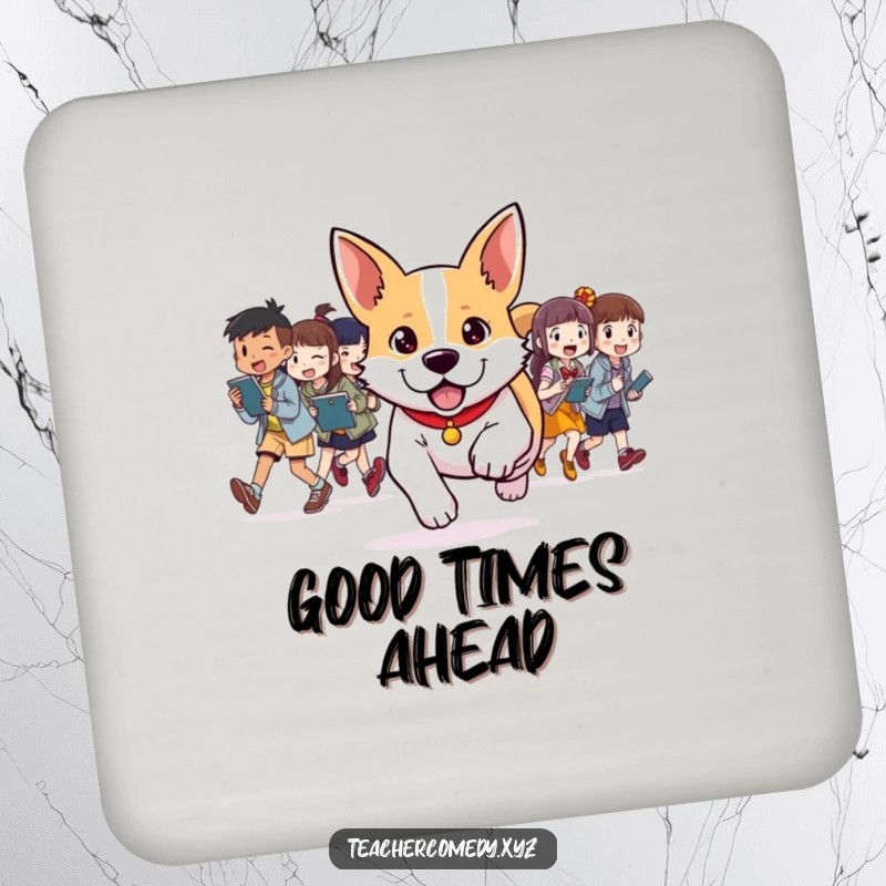Funny drink coaster featuring a determined dog leading students in a fun activity, offering surface protection with a humorous leadership theme.