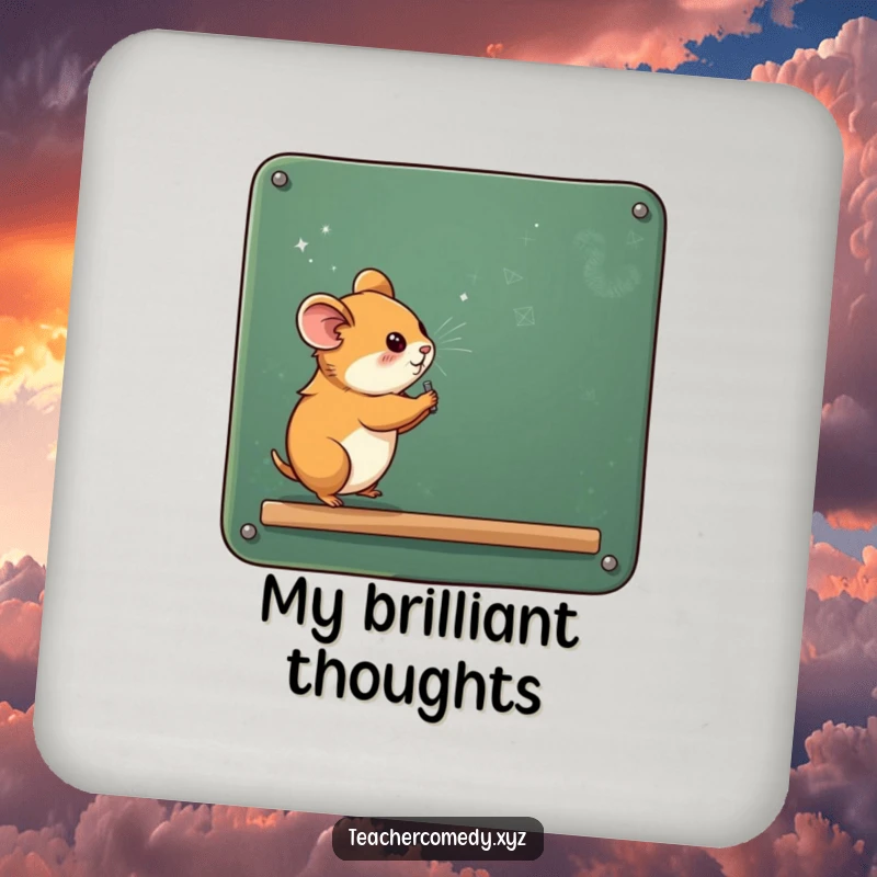 Funny hamster writing on a chalkboard, covered in chalk dust, on a practical and humorous drink coaster, protecting your furniture.