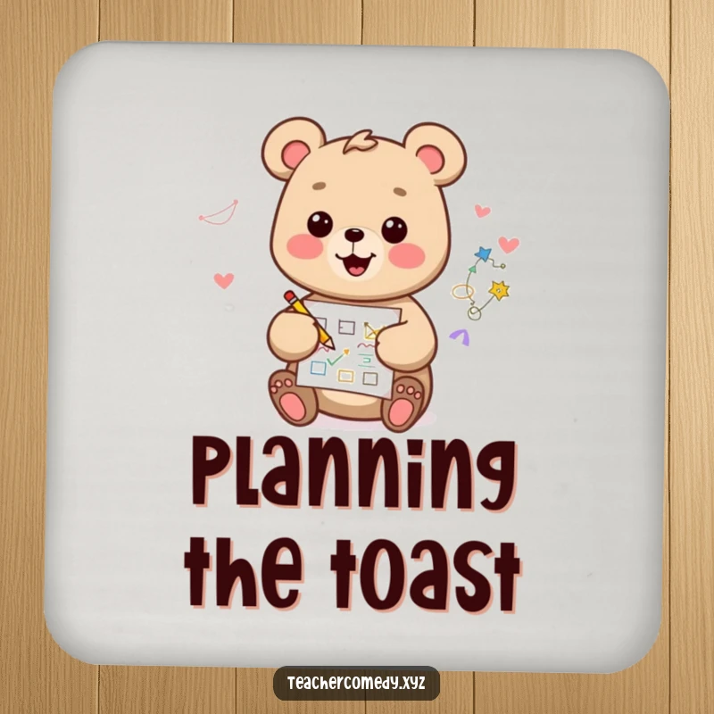 Funny kawaii bear coaster, happy and artistic, drawing a diagram, adding creative charm while protecting surfaces.