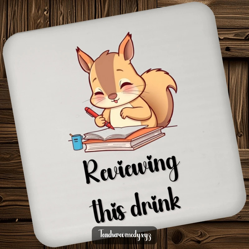 Funny drink coasters with a diligent squirrel meticulously grading papers with a tiny red pen, offering humorous surface protection.