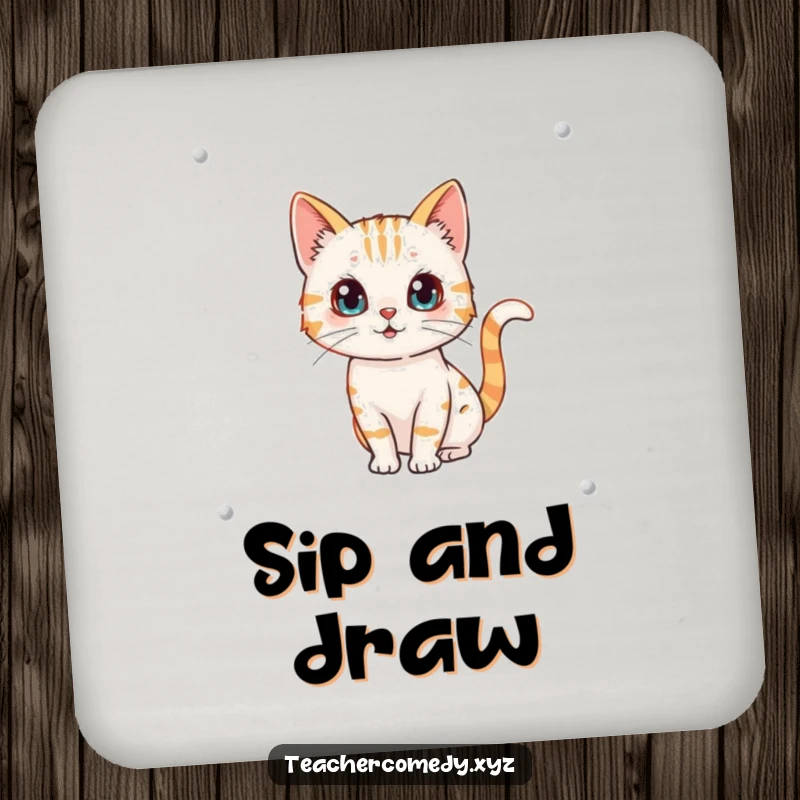 Funny drink coaster depicting a curious cat character drawing on a whiteboard, its tail wagging.