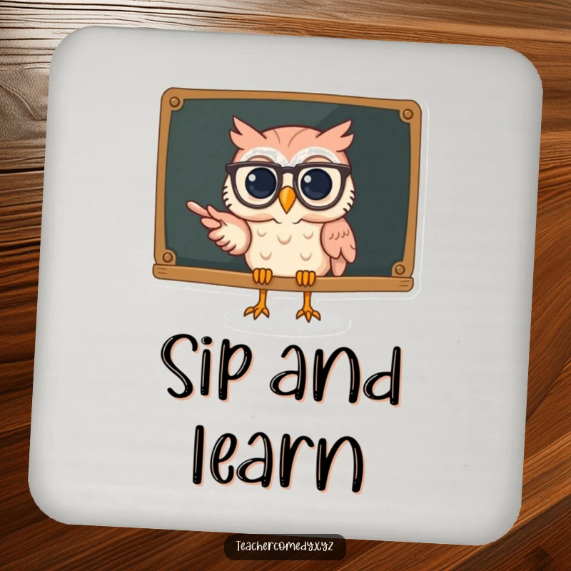 Funny owl drink coaster with a spectacled owl pointing at a chalkboard, adding a scholarly and humorous touch.