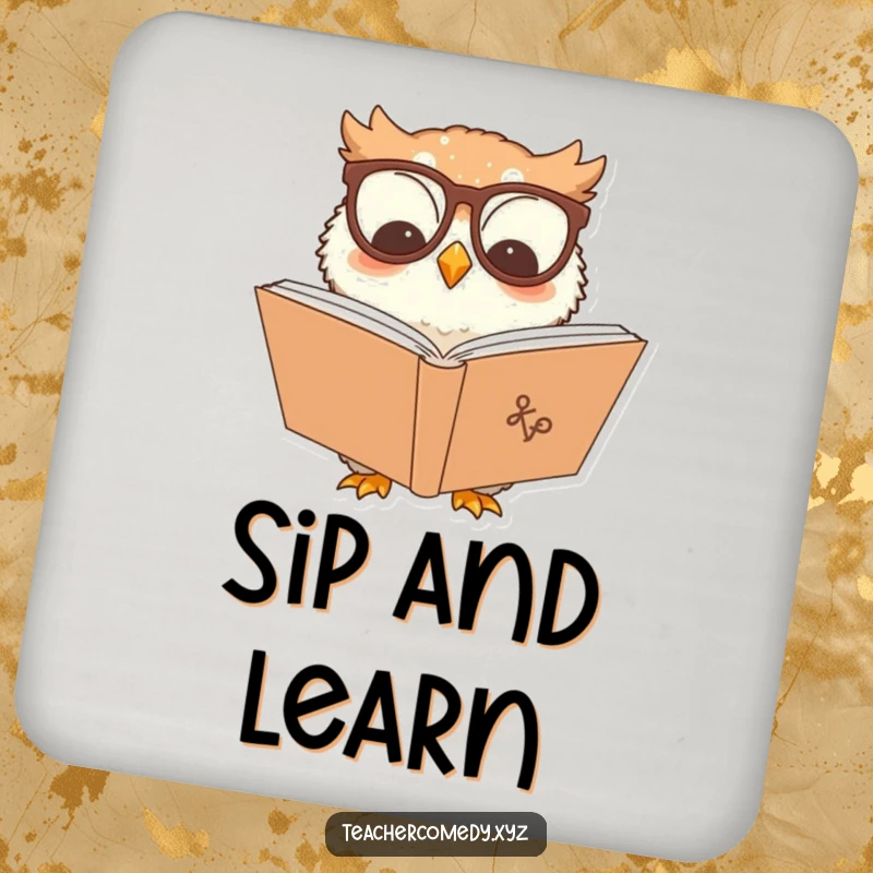 Funny owl character drink coasters, showing a wise owl with glasses reading, protecting surfaces with wit.
