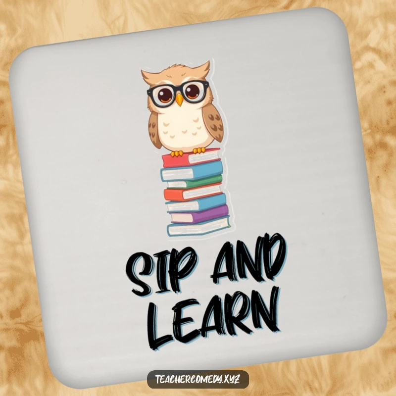 Funny owl coaster with spectacles on a tall stack of books, adding scholarly and humorous flair to tabletops.