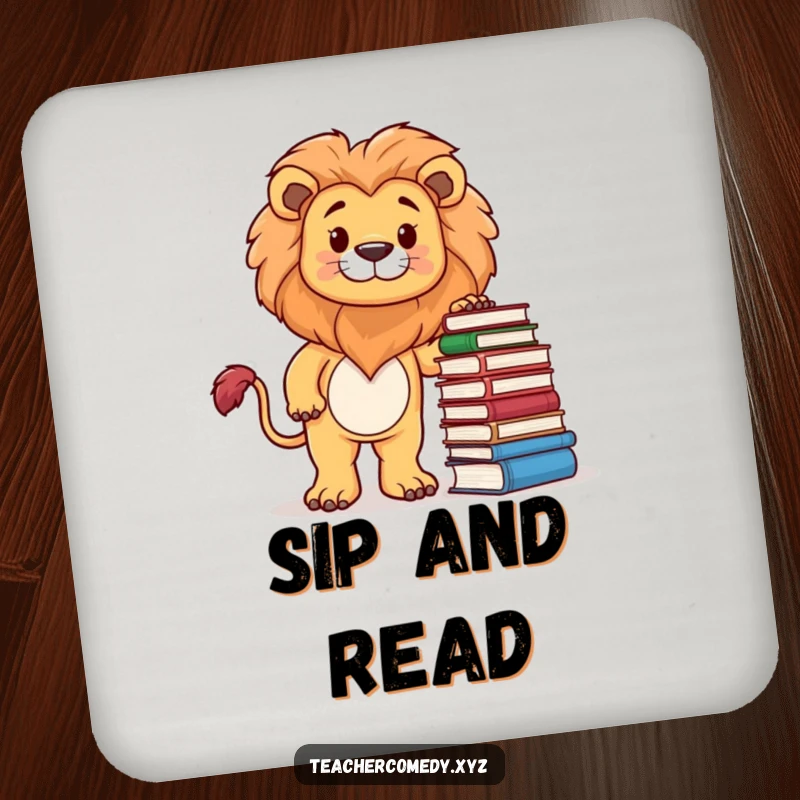 Funny coasters featuring a proud lion character and books, adding a touch of intellectual humor and charm to any surface.