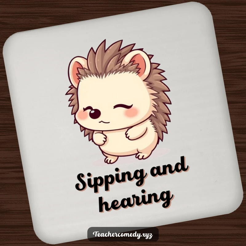 Funny Kawaii Hedgehog Coaster: A content hedgehog listens intently, protecting your surfaces with undeniable funny cuteness.