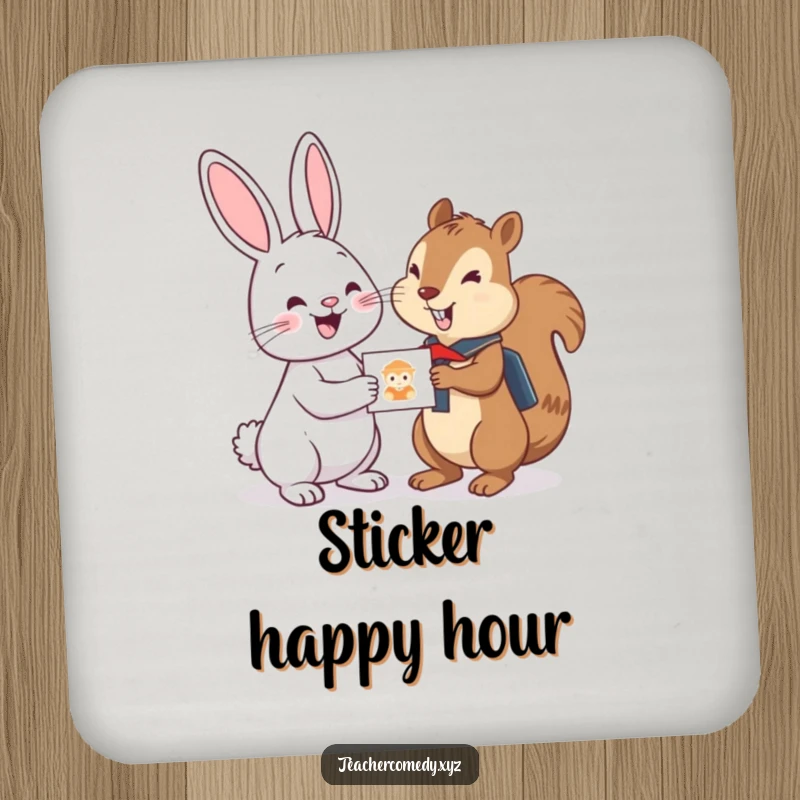 Funny drink coasters featuring a cheerful bunny giving a sticker to a focused student squirrel, protecting furniture with cute and humorous designs.