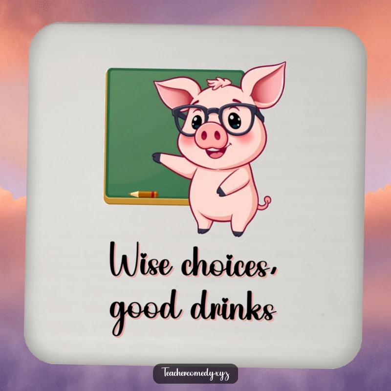 Funny drink coaster with a cheerful pig wearing glasses, smiling and pointing at a chalkboard, a humorous and functional accessory.