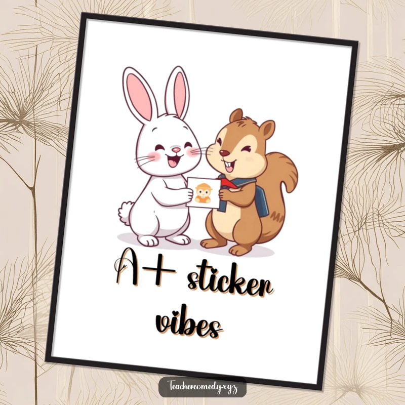 Funny poster of a cheerful bunny awarding a sticker to an eager student squirrel, creating a heartwarming and humorous educational scene.