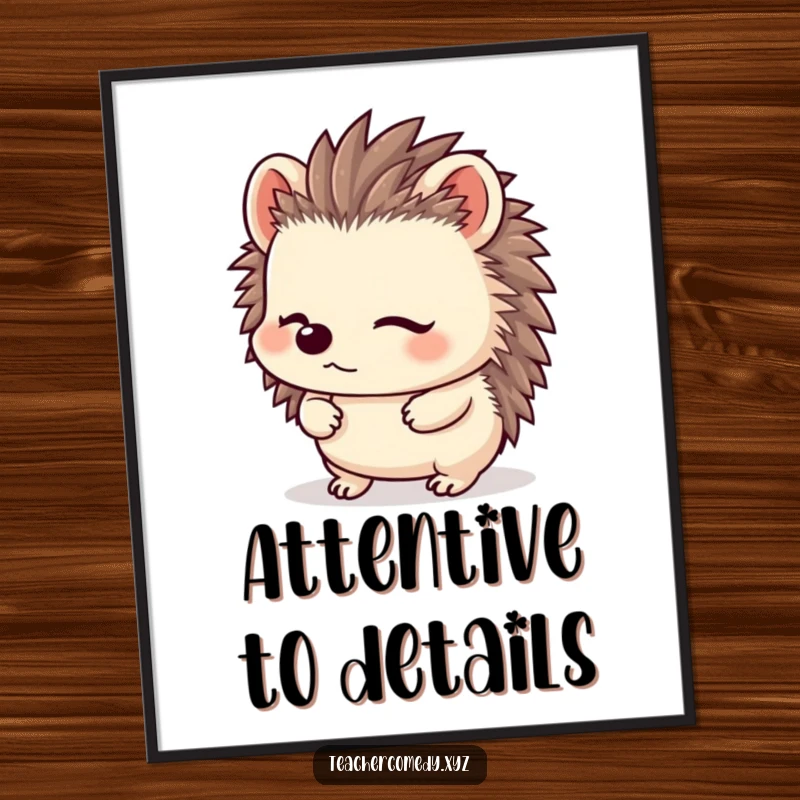 Funny Kawaii Hedgehog Poster: A content hedgehog with perked ears listens intently, creating a peaceful and funny ambiance for any room.