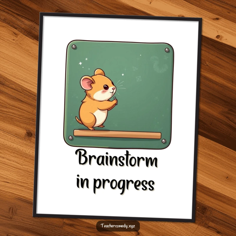 A funny, curious hamster intensely writing on an enormous chalkboard, surrounded by a cloud of chalk dust, depicted as a vibrant poster.