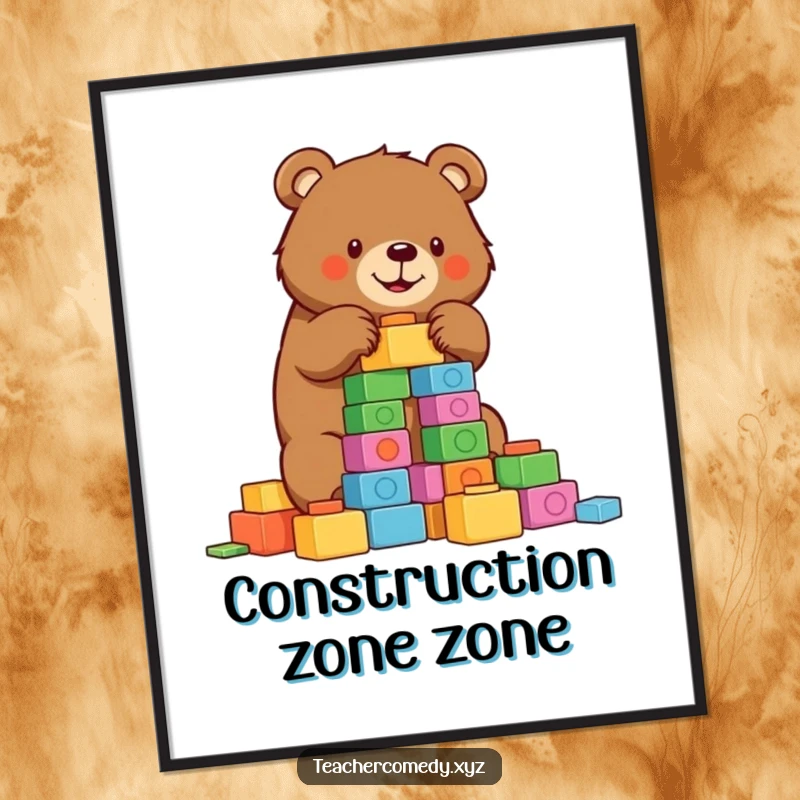 Funny bear poster print of a determined bear building a tall tower of colorful blocks, symbolizing focus and accomplishment.