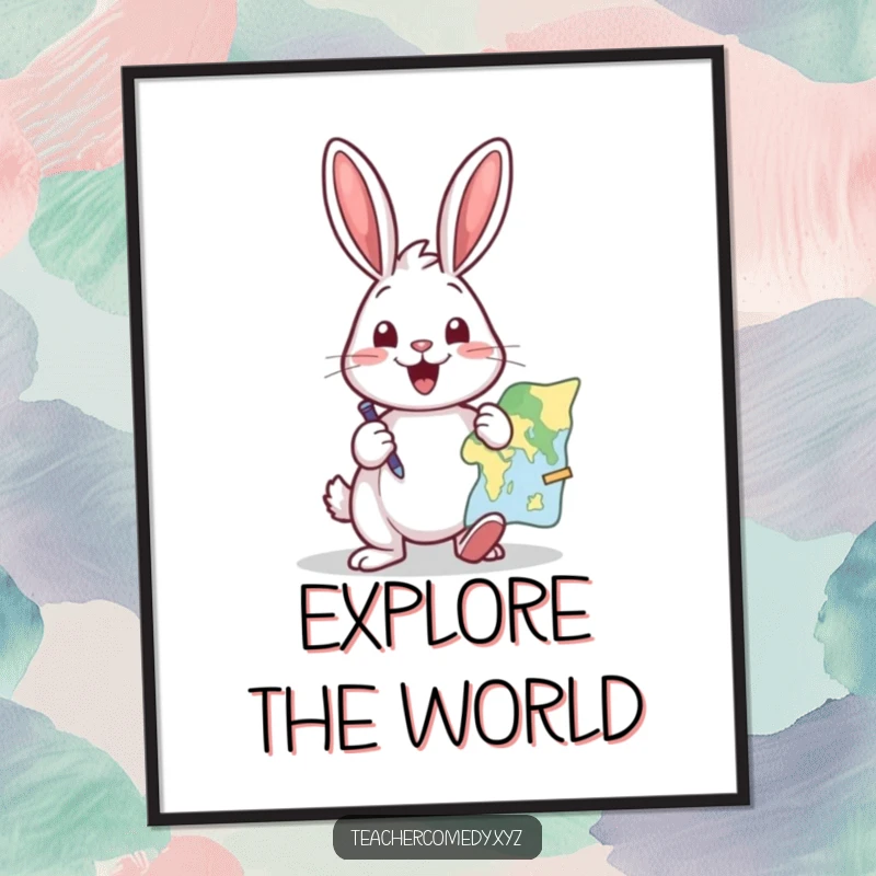 Funny poster of a cheerful rabbit excitedly tapping a map with a pointer, illustrating a humorous travel quest.