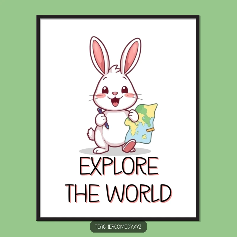 Funny Rabbit Destination Poster: Excited Map Pointer - Hilarious Travel Art Gift!
