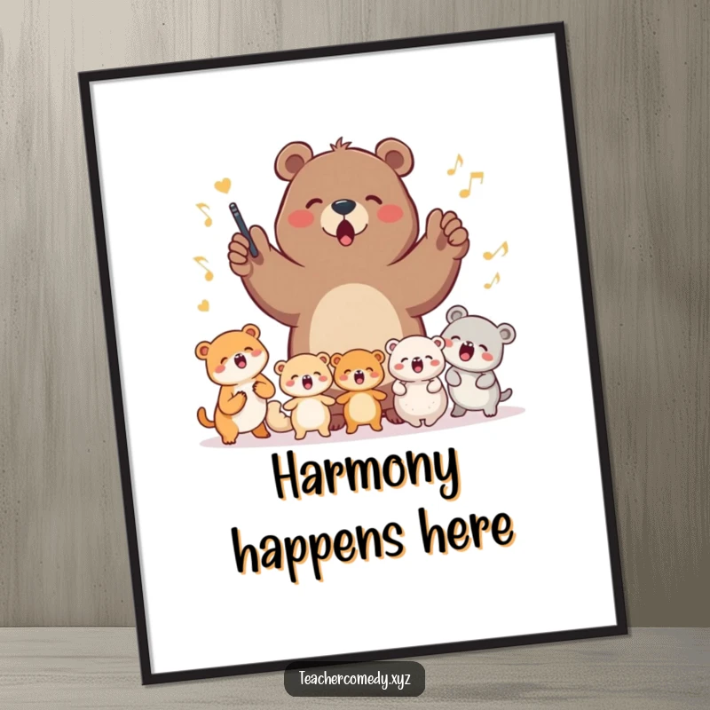 A charming poster featuring a determined bear conducting a choir of adorably singing small animals, bringing humor and music to any room.