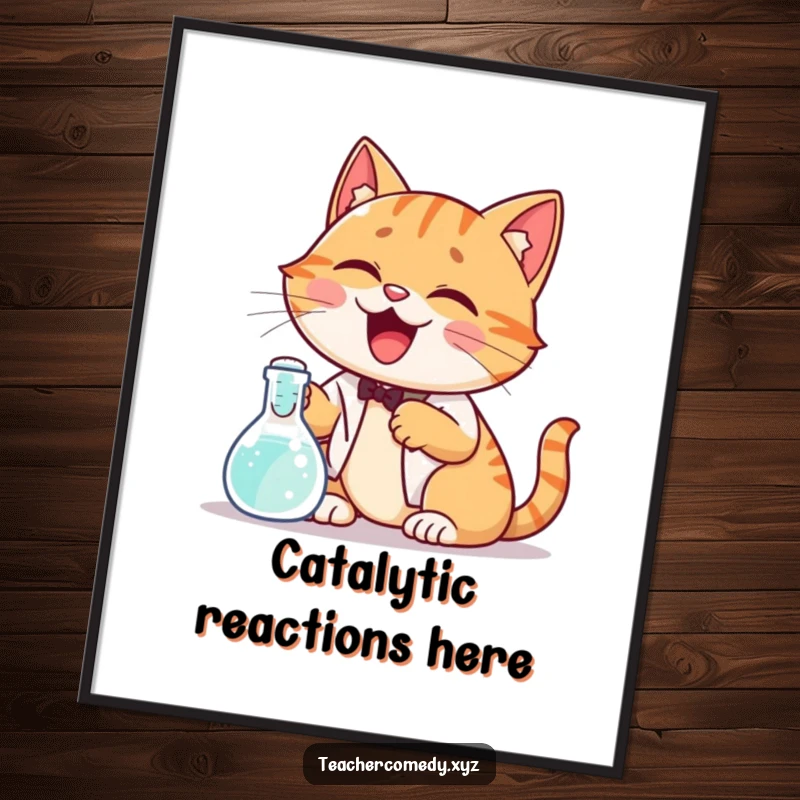 Funny poster of a giggling cat conducting a science experiment with a bubbling beaker, creating a humorous and whimsical educational scene.