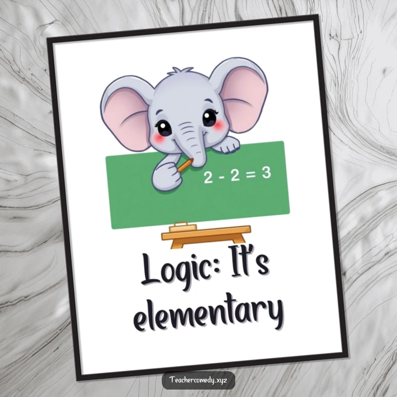 Funny elephant poster featuring a smiling elephant pointing to a complex math equation on a blackboard, adding intellectual humor to decor.