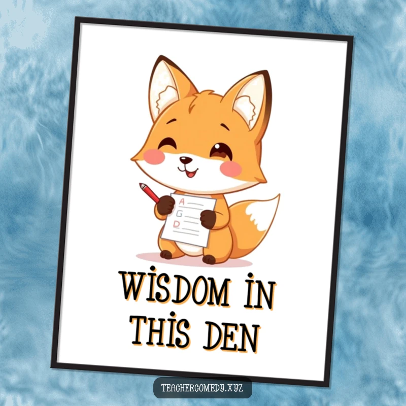 Funny poster art of a cheerful fox character holding a small red pen, grading papers with an earnest expression.