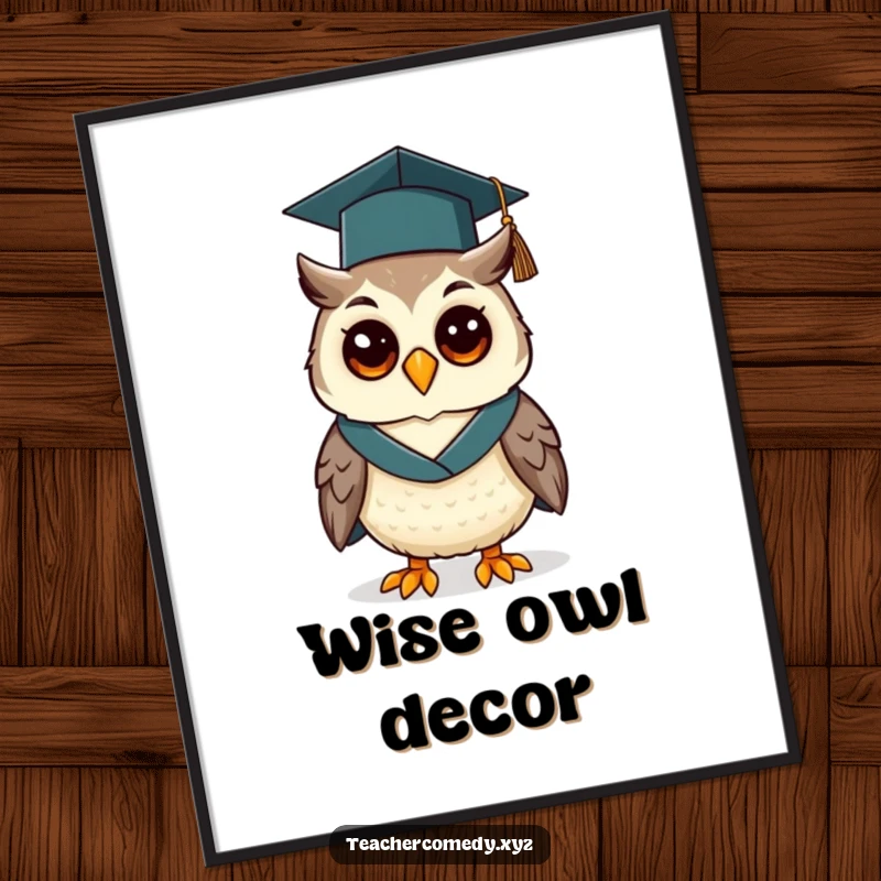 Funny poster of a cheerful owl wearing a graduation cap and gown, symbolizing wisdom and academic accomplishment.