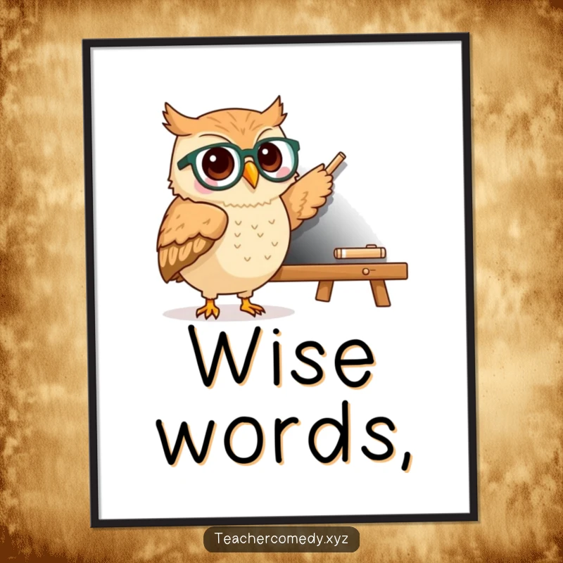 Funny kawaii owl wearing spectacles pointing to a chalkboard, educational and humorous wall art for classrooms and study areas.