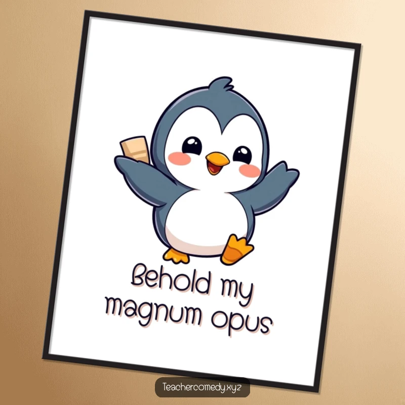 Funny Kawaii Penguin Poster: A delighted penguin makes a grand presentation with a flourish, adding a touch of funny inspiration to any space.