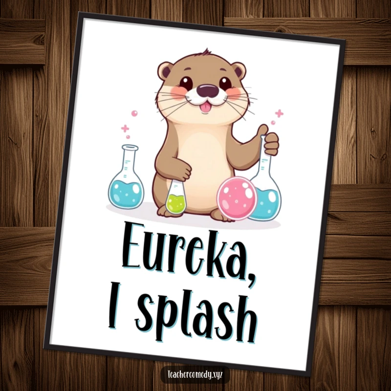 Funny otter character intently watching bubbling beakers during a science experiment, funny poster.