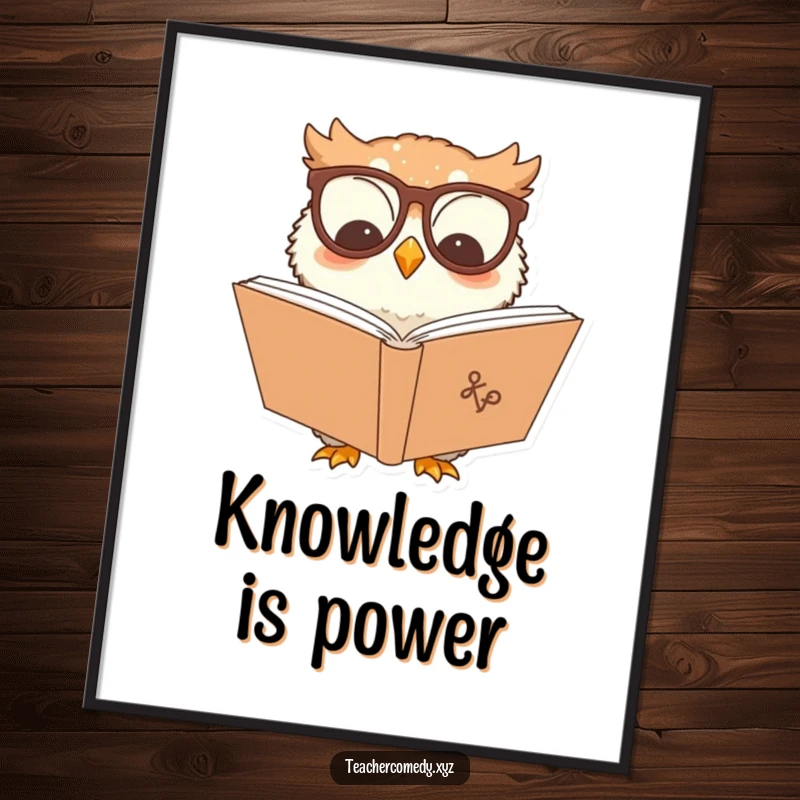 Funny owl character poster, a wise owl wearing glasses, deeply engrossed in reading a large book.