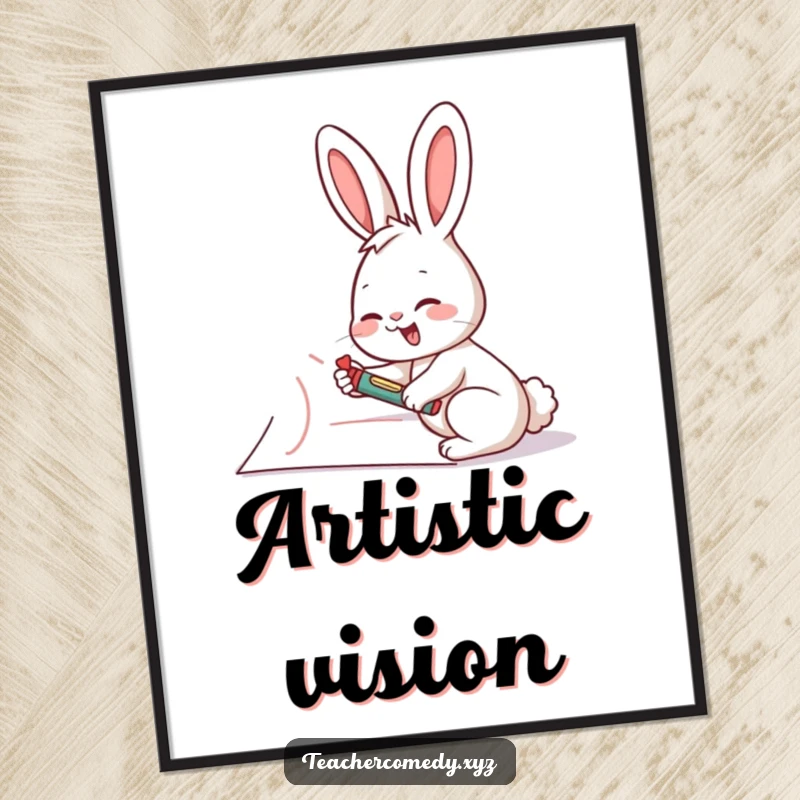 Funny rabbit artist poster, depicting a giggling rabbit drawing on a giant piece of paper with a crayon, ideal for creative decor.