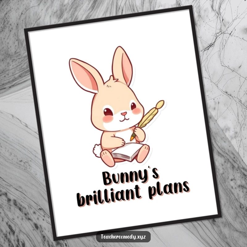 Funny Rabbit Poster: A curious rabbit is taking notes with a quill pen, an inspiring and charming piece of wall art for any scholar.
